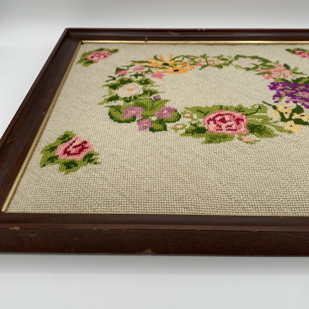 Vintage Handmade Needlepoint Floral Cottagecore Framed Wall Art - Picture 6 of 6
